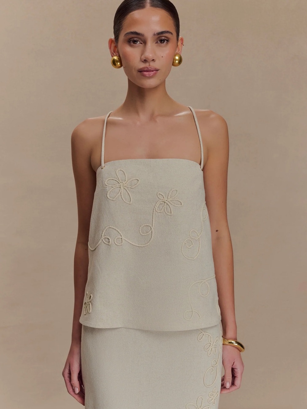 Casey - Linen Corded Embroidered Linen Top - Natural